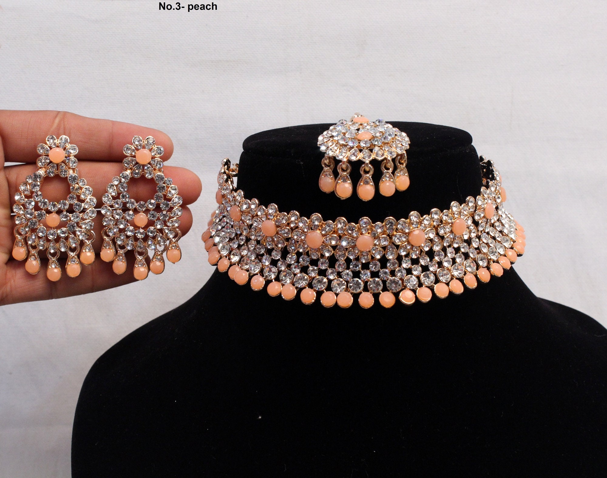 Gold Choker /Gold green pink Choker Necklace Set/ Bollywood Etsy