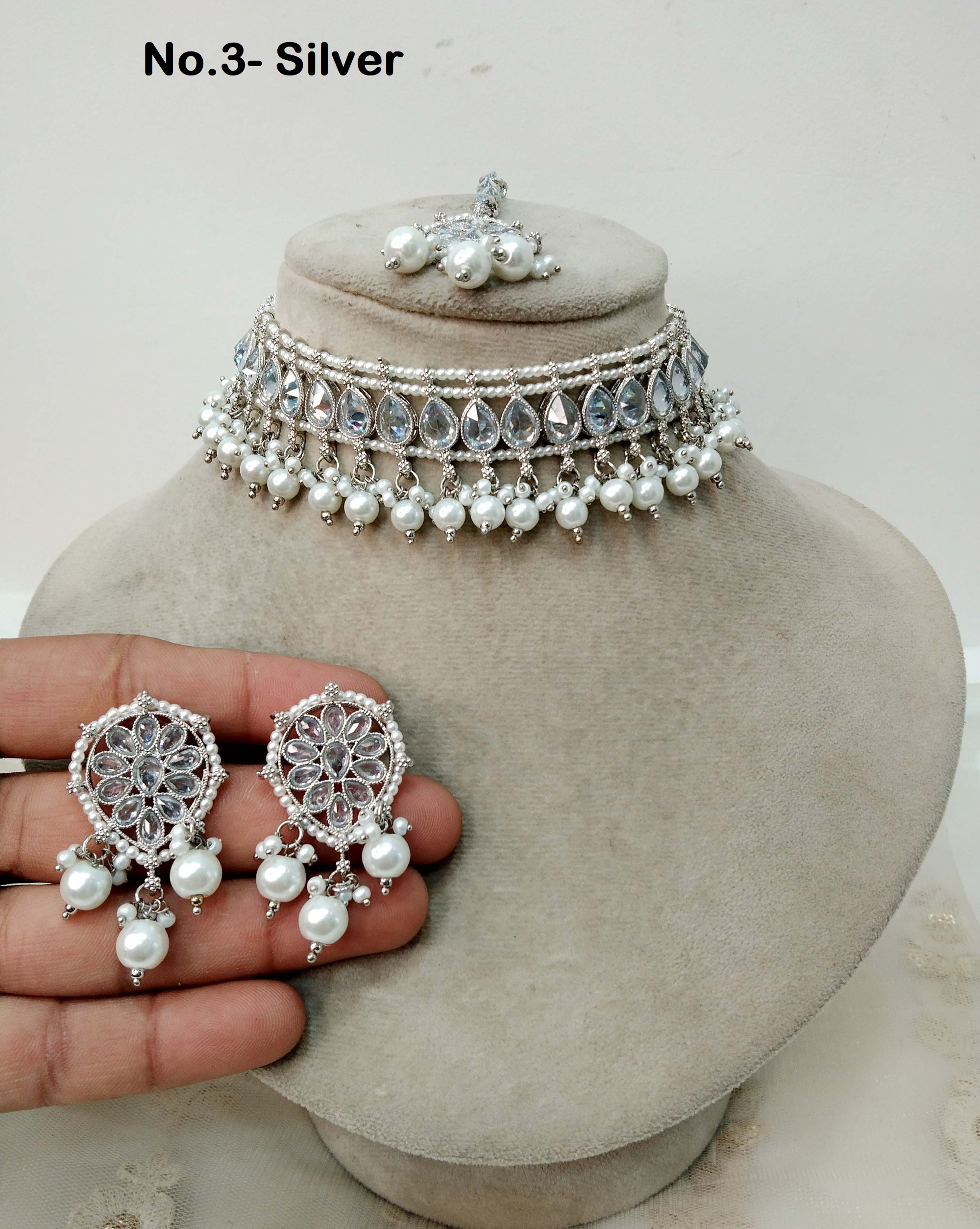 Silver Choker Necklace Set/ Silver Sky Blue, Bollywood