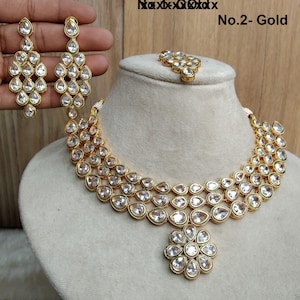 Indian Jewelry/Bridal Gold white Kundan necklace Set/Indian Wedding Kundan Teaneck Jewellery swaziland Necklace Set