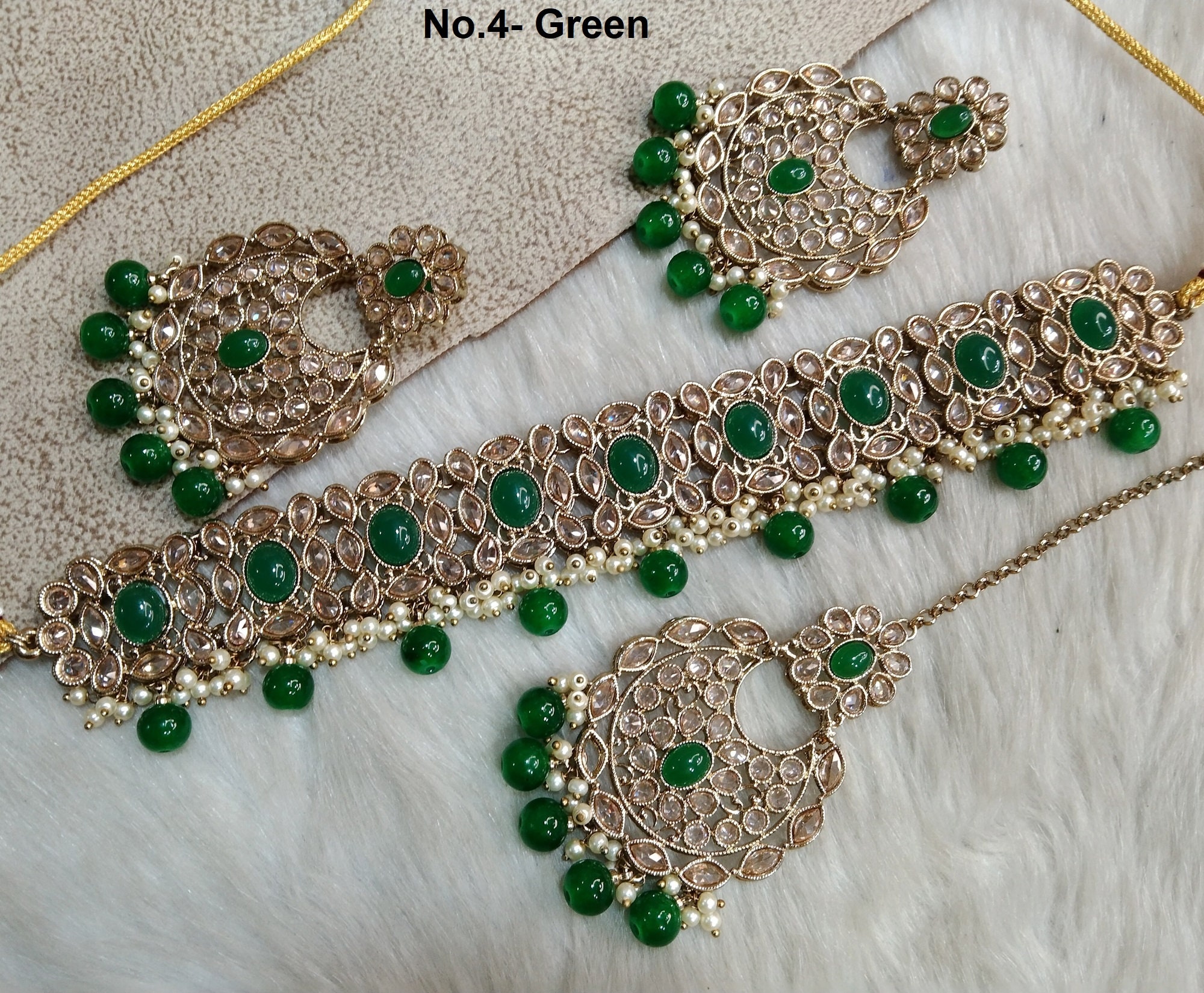 Efulgenz Floral Faux Pearl Indian Jewelry Set - Green Crystal Stone Choker Necklace & Dangle Earrings, Bohemian Bridal Set - View #11
