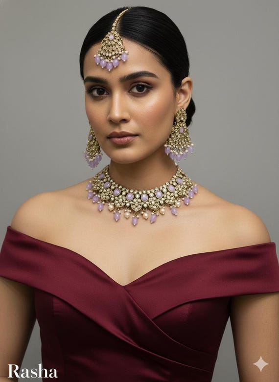 Ensemble De Bijoux Indien Bollywood - Collier Ras Du Cou & Tikka, Plaqué Or 22k