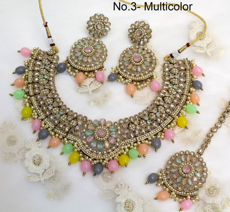 Indian Jewelry Jewellery/Antique gold peach. multicolor, pink necklace Set/Bollywood Gold Indian Jewelry Jewellery cello Set No.3- Multicolor