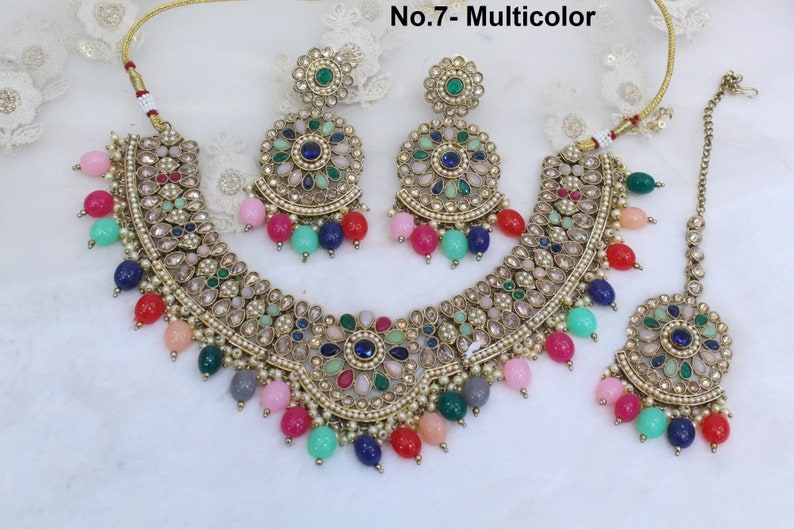 Indian Jewelry Jewellery/Antique gold peach. multicolor, pink necklace Set/Bollywood Gold Indian Jewelry Jewellery cello Set No.7- Multicolor