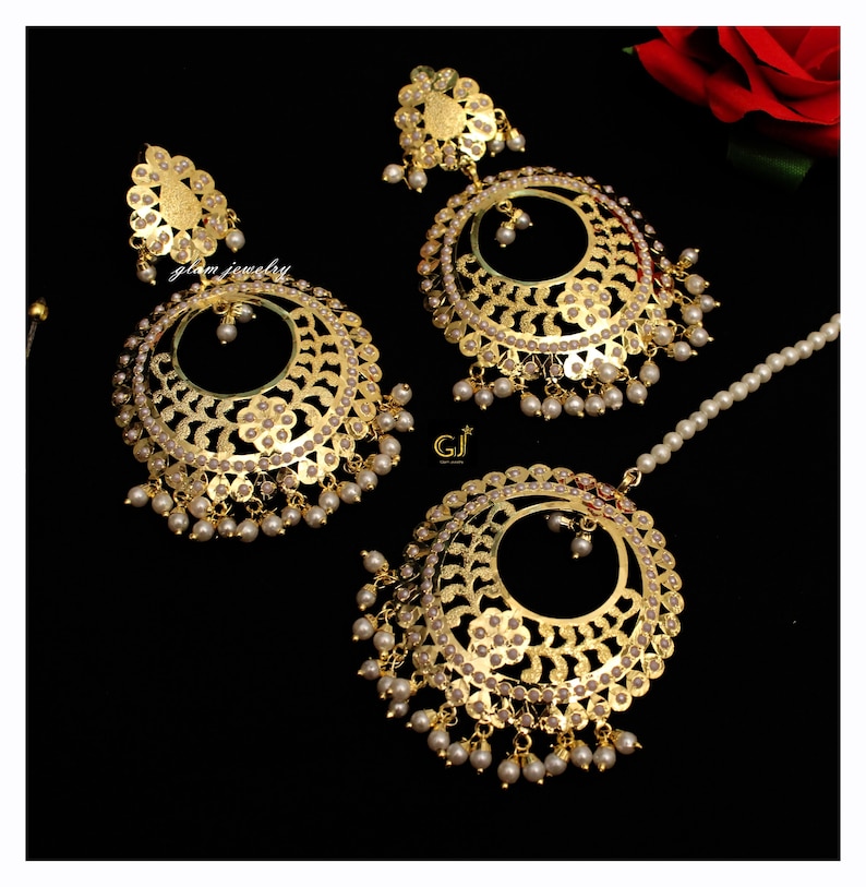 Jadau Gold White Chand Bali Earrings TikkaIndian Big Earrings Tikka Set Punjabi Indian JewelleryPakistani Set
