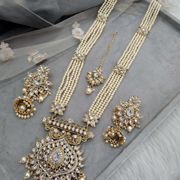 Indian jewelry Rani Haar Kundan long Necklace Set/Gold,Green Indian Necklace Set/ Indian kundan Jewellery/Muslim Long Necklace Set