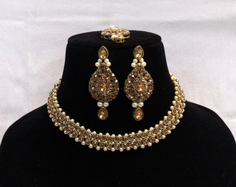 Antique Gold Indian Bridal Necklace Set, Champagne Stone Jewelry