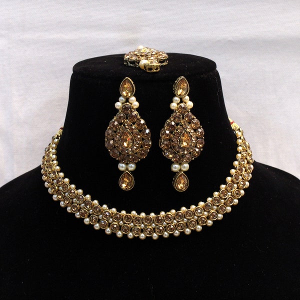 Indian Necklace Jewelry Jewellery Set/ Antique gold, baby pink , grey, mint, green  Bridal Wedding Bollywood Necklace Set