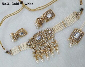 Set di choker Kundan, set di gioielli indiani in oro e bianco con motivo a prato