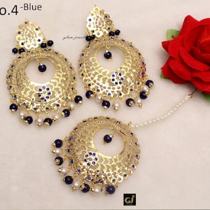 Indian Jadau Gold Green Maroon,Blue,Peach,Pink Earrings Tikka /Big Earrings Tikka Set/ Punjabi Indian Jewellery/Bollywood Pakistani Set