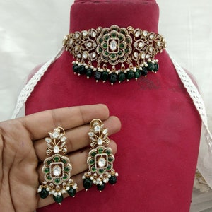 Moissanite Next To Real Gold Kundan Choker necklace Set Indian Wedding Semi Bridal Ethnic mohini Jewellery Mother Of Pearl Choker Sets