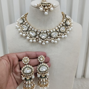 Indian Jewelry Jewellery ,Gold White, Blue Kundan necklace Set Indian Wedding Semi Bridal Ethnic Bridal Necklace, sound Alone heli set