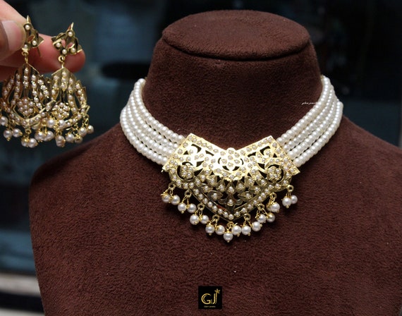 Jadau Pearl Choker Gold White,Navrattan Necklace SetIndian Pipal Patti Necklace Set Punjabi Indian JewelleryMuslim Necklace Set