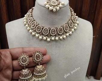 Indian Crystal Rhinestone Necklace Set, Mina Gira Jewelry