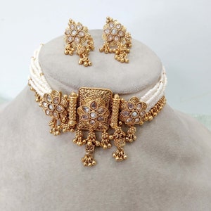 Indian Polki Jewelry Jewellery Necklace Set/ Bollywood Style Gold choker set  Finish South Indian bridal rishi smile kishu Jewelry