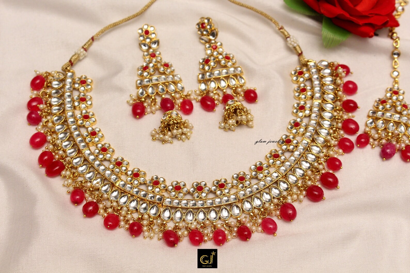 Indio Kundan collar joyería conjunto de joyas set / negro rosa Etsy