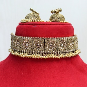 Choker Set gold Necklace Set/ Bollywood Jewellery/dark gold Indian choker necklace set/ Bridesmaid Jewellry/Women Necklace seema set