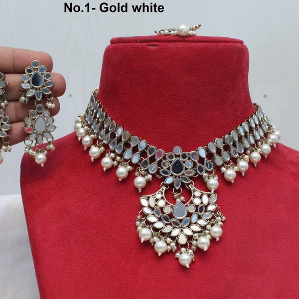 Indian Jewelry Jewellery mirror Kundan necklace set Bridal Wedding Bollywood Style Gold Finish choker Set/ Gold Choker set