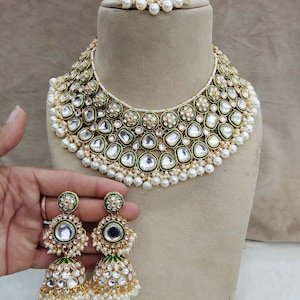 Indian Jewelry/ Gold Bridal Kundan necklace Set Indian gold white, maroon Bridal Jewellery Tiny Necklace