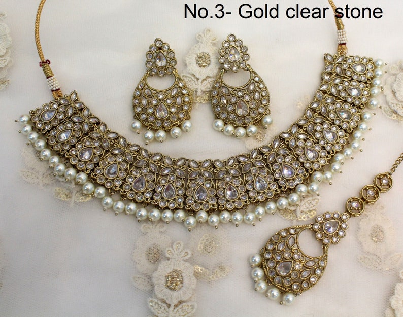 Indian Jewelry Jewellery/dark gold Bridal necklace Set/Bollywood Gold Indian Jewelry Jewellery Necklace Set/ Wedding setu Sets No.3-Gold clearstone