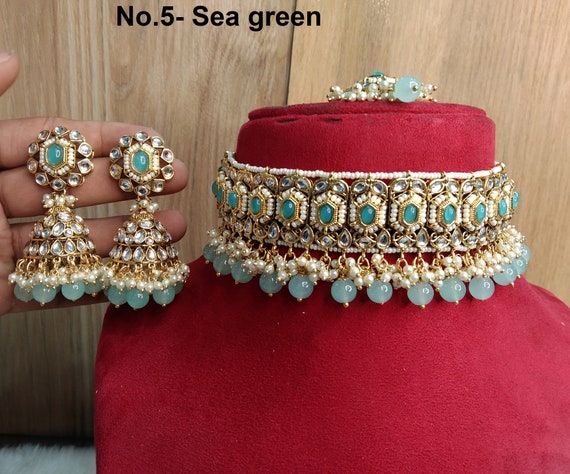 Buy Indian Jewelry Kundan Choker Set Earrings Set gold Dark Pink