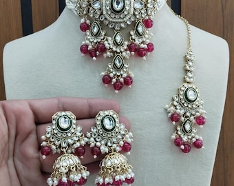 Kundan Choker Halsband Set, Indiska Smycken, Örhängen, Tikka Doms