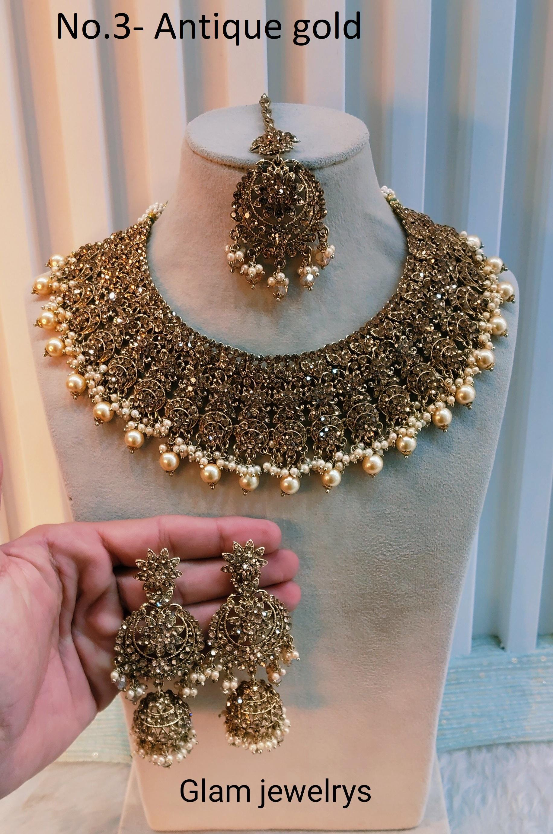 Indian Bridal Jewelry Set: Gold Bollywood Necklace, Earrings
