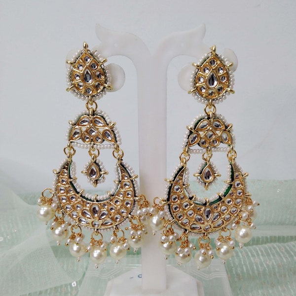 Indian Jewelry/Indian Long Earrings/Indian long pearl Bridal Earrings Set Jewellery/ Bollywood Jewelry/brides maid meena reading jewelry