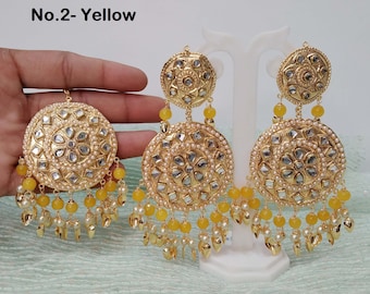 Jadau Indian Earrings Tikka Set, Gold Plated, Peach Pink