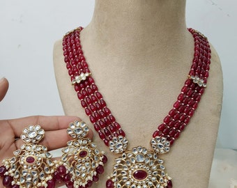 Gold Rani Haar Necklace Set, Maroon Kundan Indian Jewelry