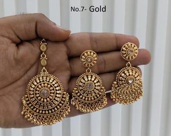 Parure de boucles d'oreilles Chandbali en or Tikka, bijoux indiens