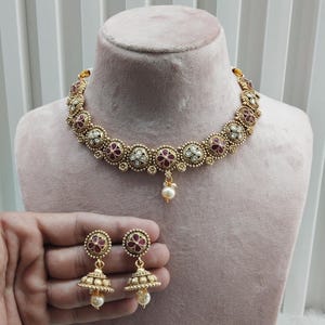 Indian Polki Necklace set Jewelry Jewellery / Bollywood Style Gold Finish South Indian wedding bridal Rashid Jewelry/gift for her