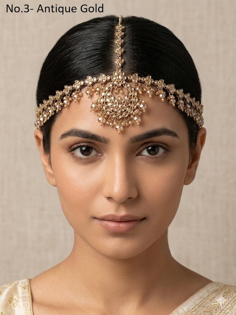 Bandeau maatha Patti en or antique : chaîne de cheveux indienne Tikka No.3- Antique Gold