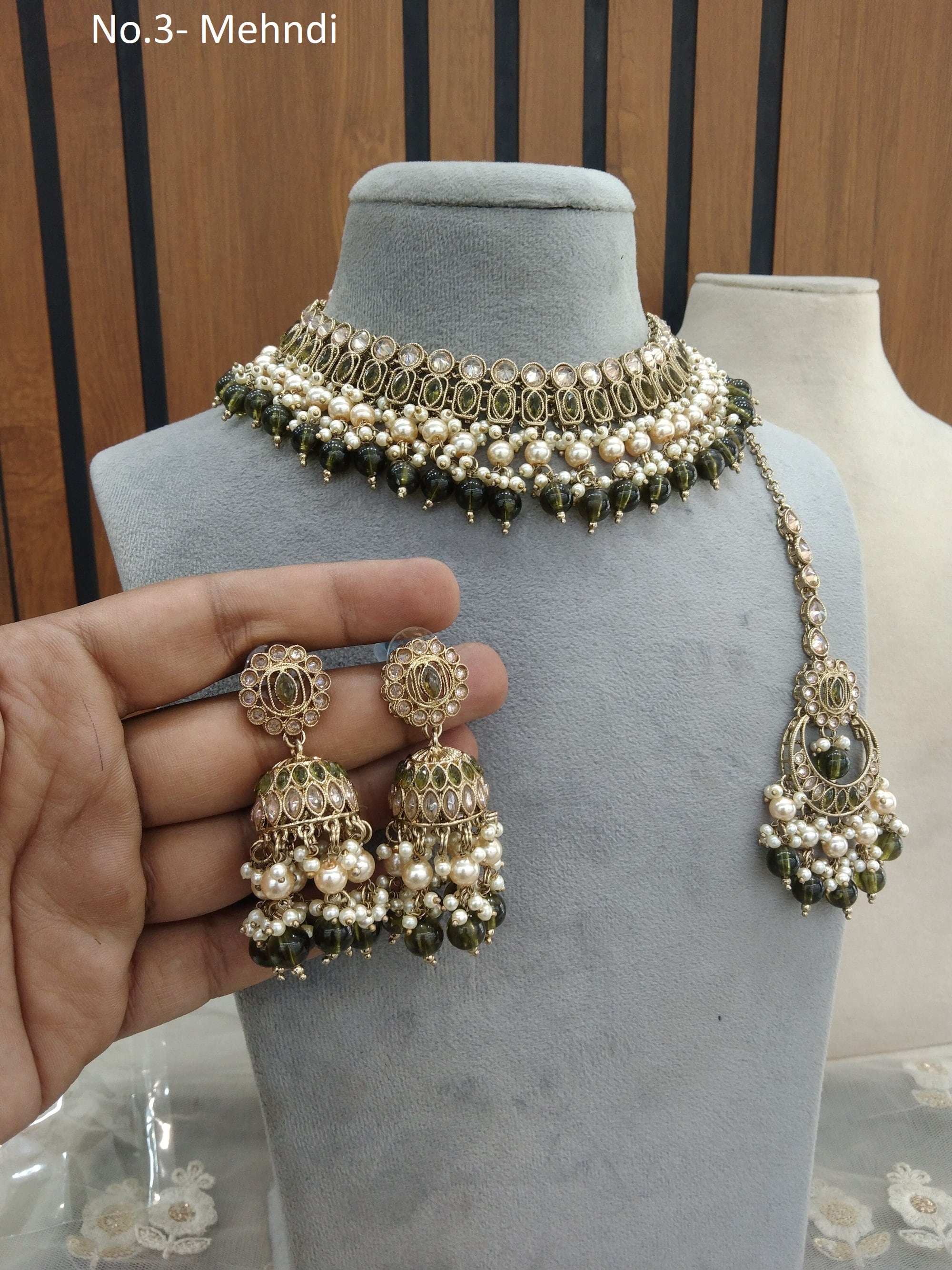 Antique Gold Indian Necklace Set: Crystal Rhinestone Jhumka Anika
