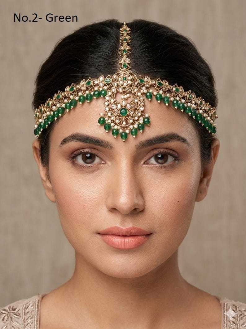 Bandeau maatha Patti en or antique : chaîne de cheveux indienne Tikka No.2- Green