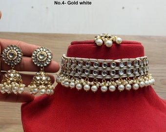 Kundan Choker Halsband Set, Indiska Smycken med Örhängen och Tikka