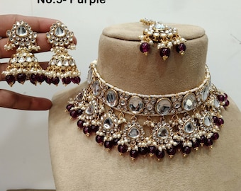 Kundan Choker Halsband & Örhängen Teho Set med Guldfinish