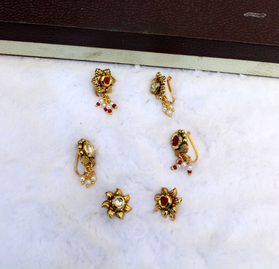 Indian Jewelry Nose Pin Clip on Clasp Wedding Nathini/non Pierced Gold Clip on Nose Pin