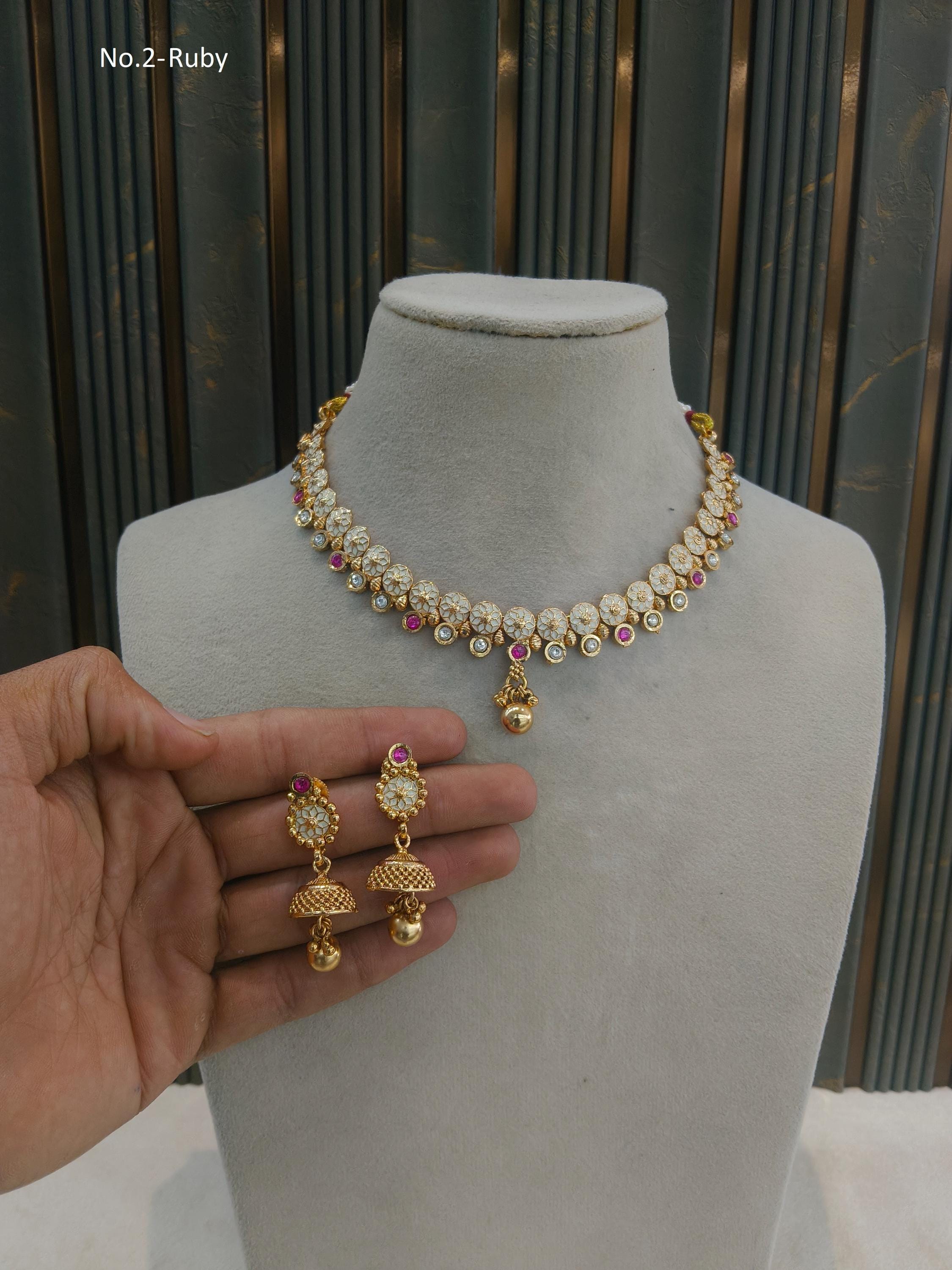 Gold Finish Polki Necklace Set, Indian Bridal Jewelry Gandhi Alma Set ...
