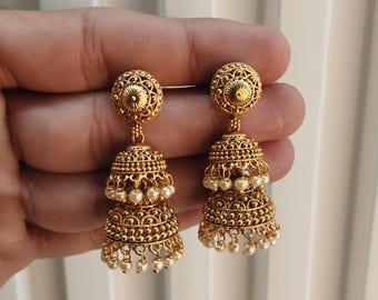 Gold Plated Jhumka Earrings, Indian Bollywood Style