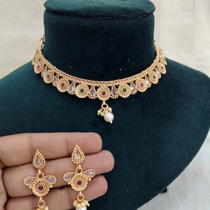 Indian Polki Jewelry Jewellery Necklace Set/ Bollywood Style Gold Finish South Indian bridal pinki Jewelry
