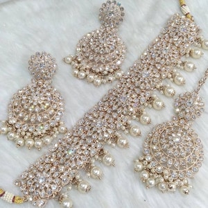 Choker Set Indian Jewelry Set/ Rose gold, Silver Bollywood Jewellery/Indian choker necklace set/Bridesmaid Jewellry/west orange Gift for her