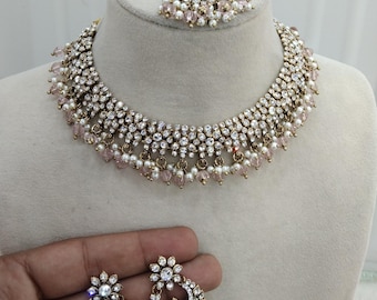 Crystal Indian Jewelry Necklace Set, Bollywood Bridal Vickey Set