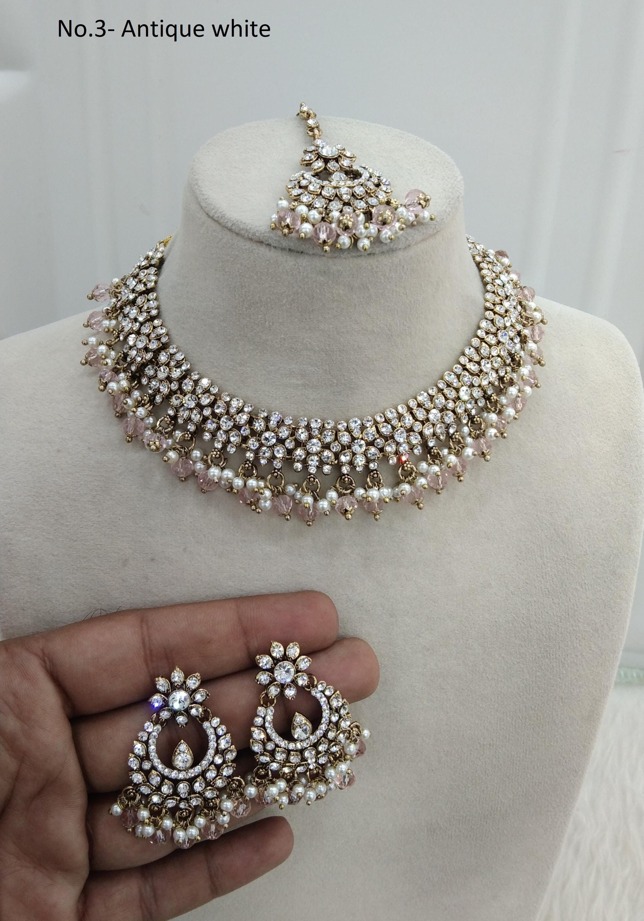 Crystal Indian Jewelry Necklace Set, Bollywood Bridal Vickey Set