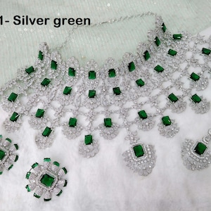 Cubic Zirconia Diamond choker Earrings set, silver, silver green Bridal choker earrings jewelry  statement necklace kiara advani set