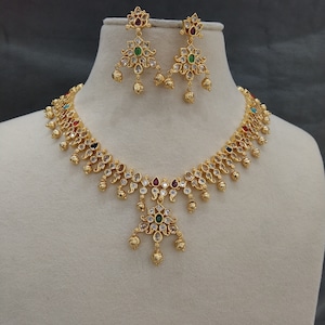 Indian Polki Jewelry Jewellery Necklace Set/ Bollywood Style Gold Finish South Indian bridal tishi Jewelry