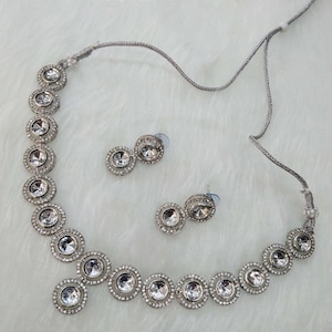 Indian Jewelry Jewellery ,Silver Kundan necklace Set Indian Wedding Semi Bridal Ethnic Bridal Necklace, bridesmaids set, Kundan set