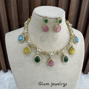 Moissanite kundan necklace Set /Gold Multicolor, Grey, Green, White Indian Jewelry Set/Indian bridal next to real emma set