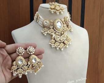 Kundan Choker Necklace Earrings Set, Indian Jewelry  Urvi Hiya sets