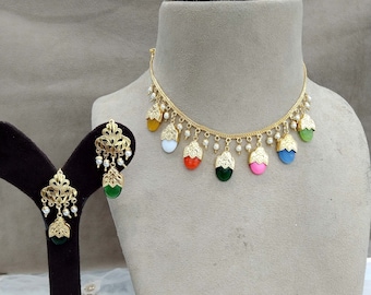 Jadau Multicolor Necklace Set, Punjabi Pippal Patti Jewelry