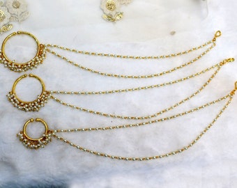 Gold Plated Indian Nose Ring Chain – Bridal Nath, Bollywood Jewelry
